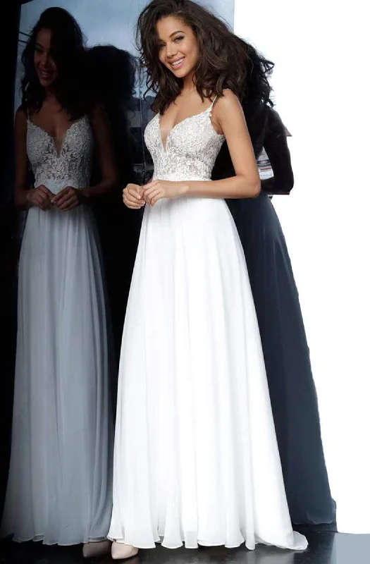 JVN by Jovani - Long Lace Bodice A-Line Dress JVN62568SC - 1 pc Off White In Size 10 Available